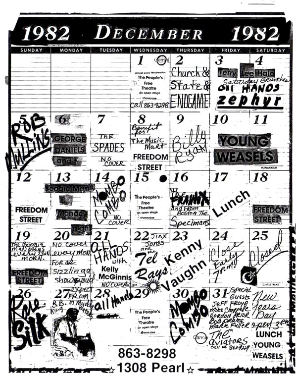 The Mercury Cafe Calendar for December 1982