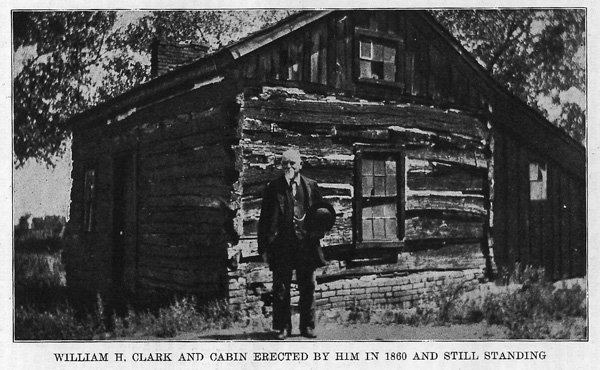 William H. Clark and the cabin he built in 1859 at 5041 Pearl Street.