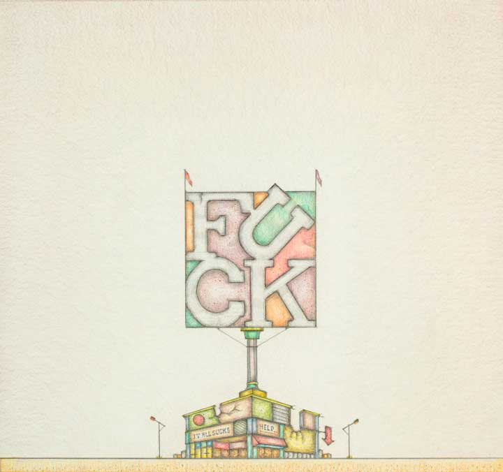 LANDSCAPE WITH STORE (HARD TIMES) II, Pencil/Colored Pencil, 18\"h by 18w\", by Bill Amundson